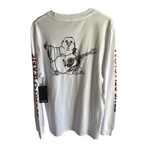 True Religion White Long Sleeve Graphic Tee w Iconic Logo and Buddha on Back